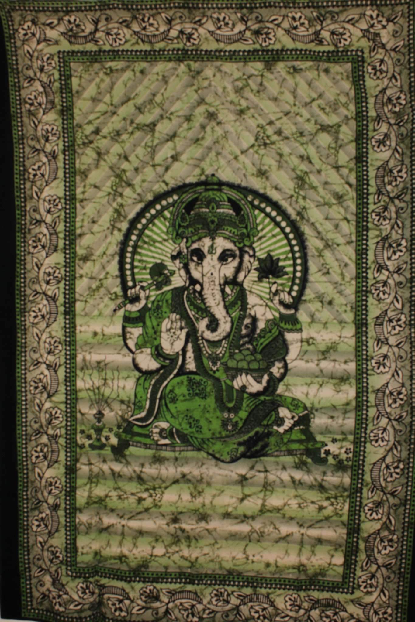 Green Ganesha Holding Lotus Flower Batik Style Tapestry - Spiritual & Wellness