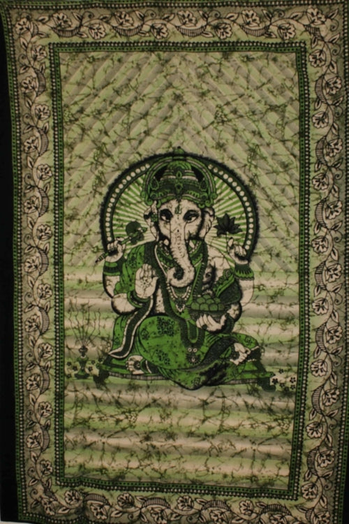 Green Ganesha Holding Lotus Flower Batik Style Tapestry - Spiritual & Wellness