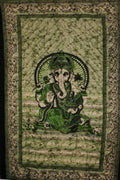 Green Ganesha Holding Lotus Flower Batik Style Tapestry - Spiritual & Wellness
