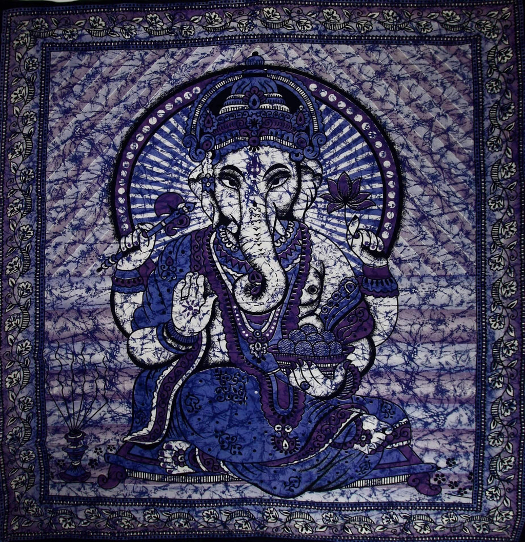 Blue Ganesha Holding Lotus Flower Batik Style Tie Dye Tapestry - Spiritual & Wellness