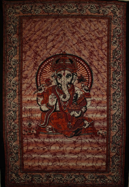 Red Ganesha Lotus Batik Tapestry - Spiritual & Wellness