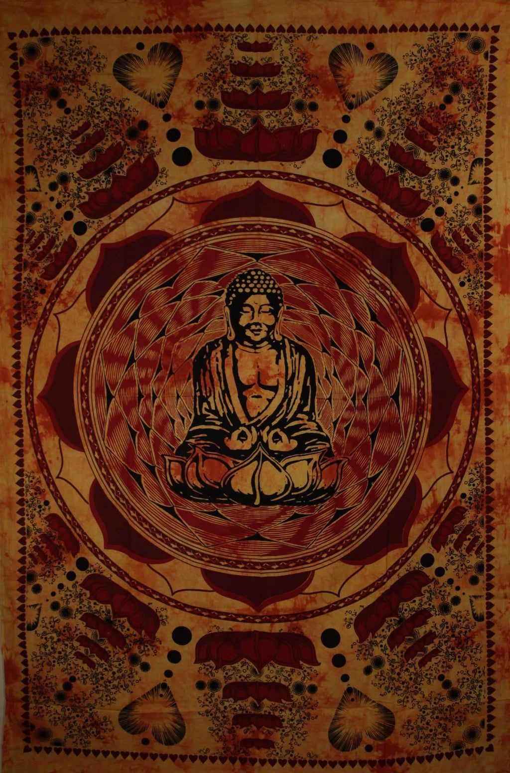 Saffron Buddha Dharma Chakra Mudra Lotus Tapestry - Spiritual & Wellness