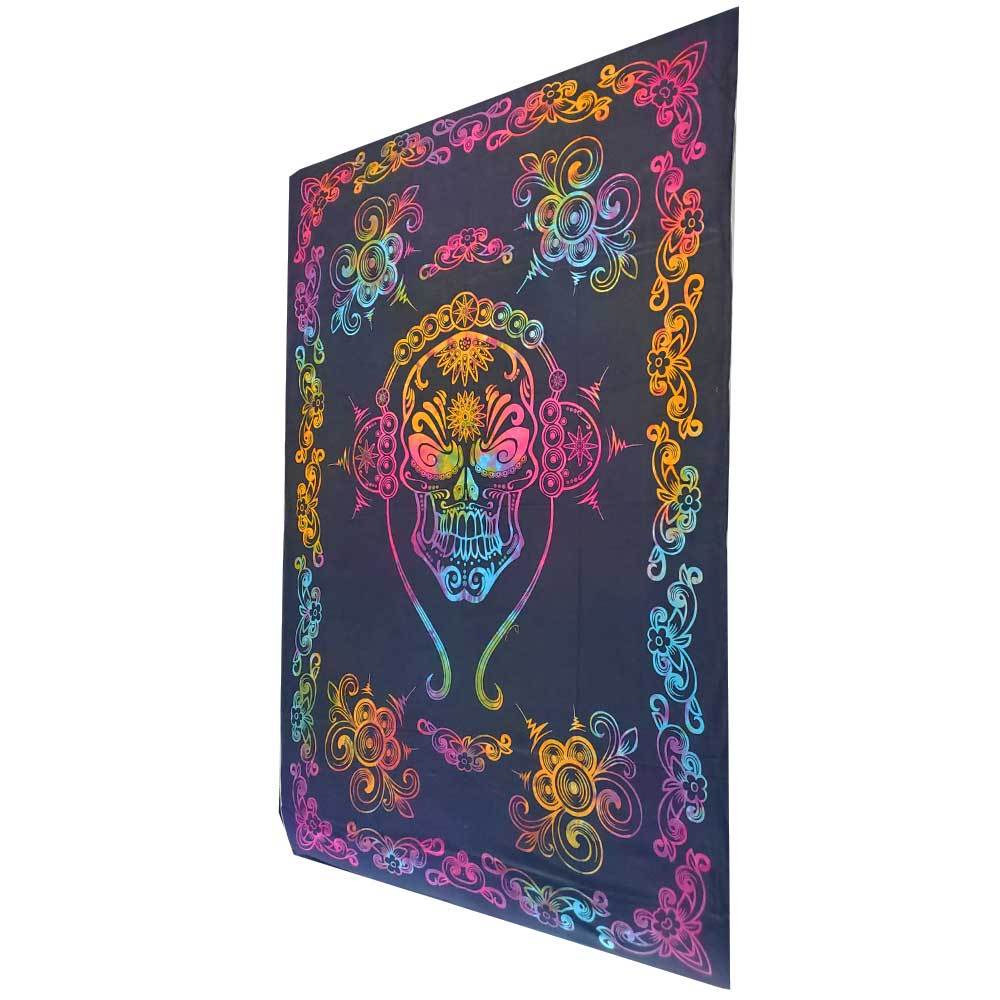 Gothic Skull Tapestry Tie Dye Pattern with Floral Border - Spiritual & Wellness