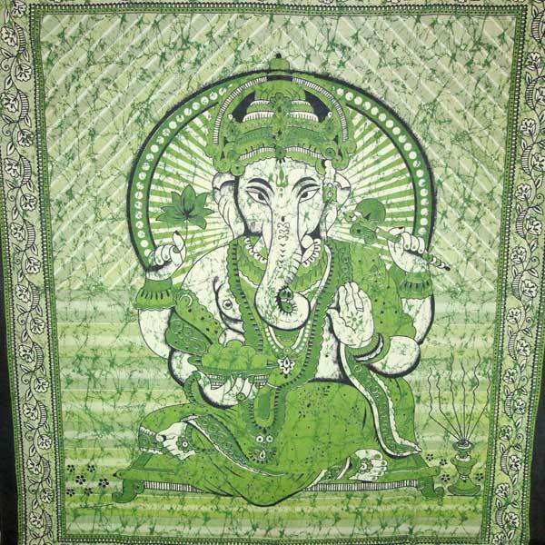 Green Ganesha Holding Lotus Flower Batik Style Tie Dye Tapestry - Spiritual & Wellness