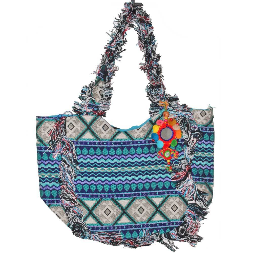 IKAT Print Cotton Fabric Fringe Pattern Tote Bag with Mirror Work - Artisan Fashion Accessories
