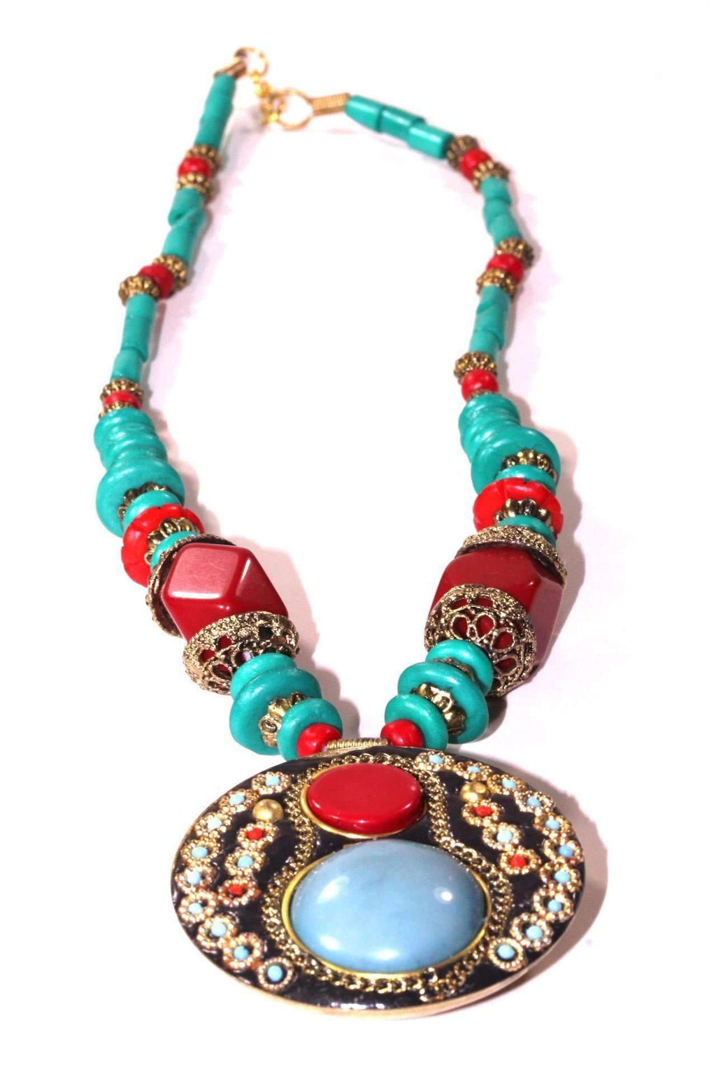 Turquoise & Red Coral Medallion Necklace - Necklaces