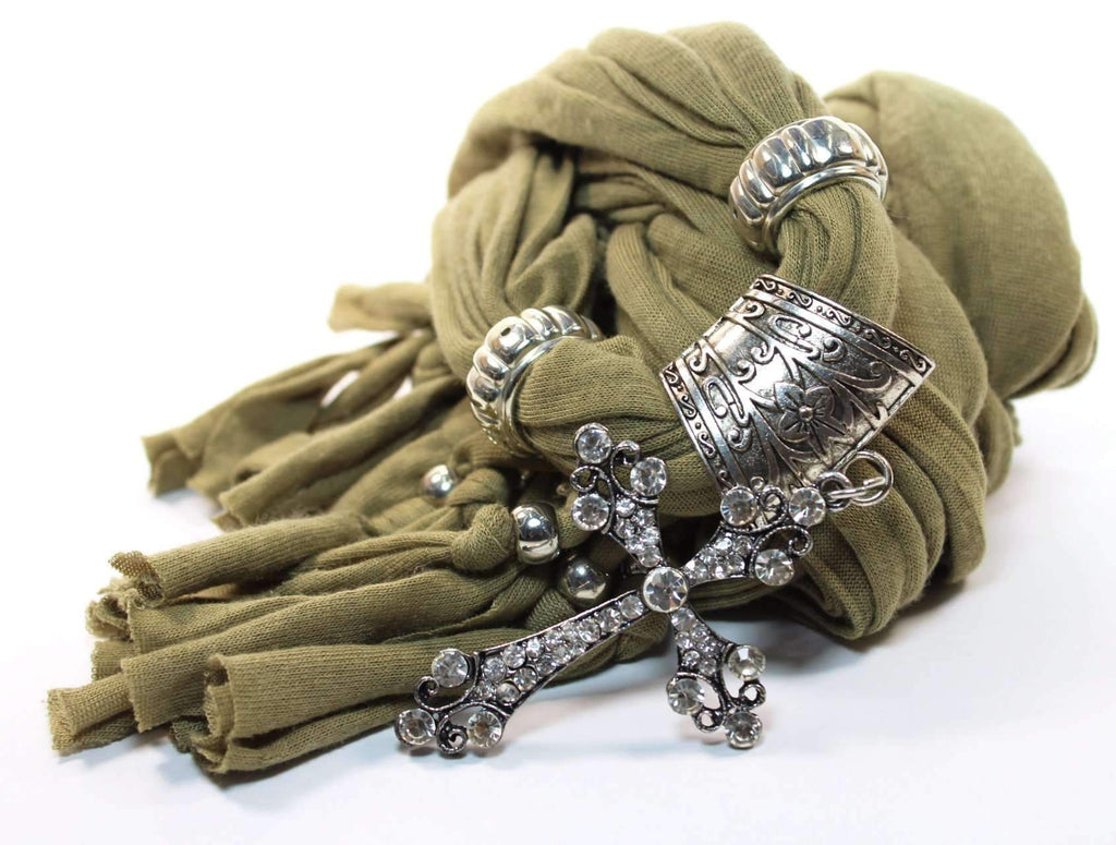 Rustic Green Cross Pendant Scarf - Artisan Fashion Accessories