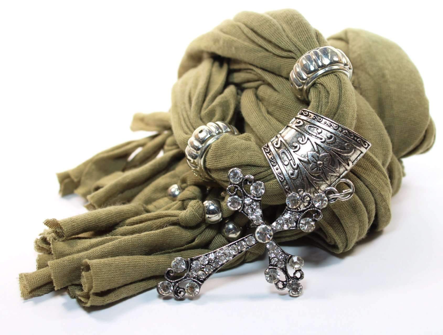 Rustic Green Cross Pendant Scarf - Artisan Fashion Accessories