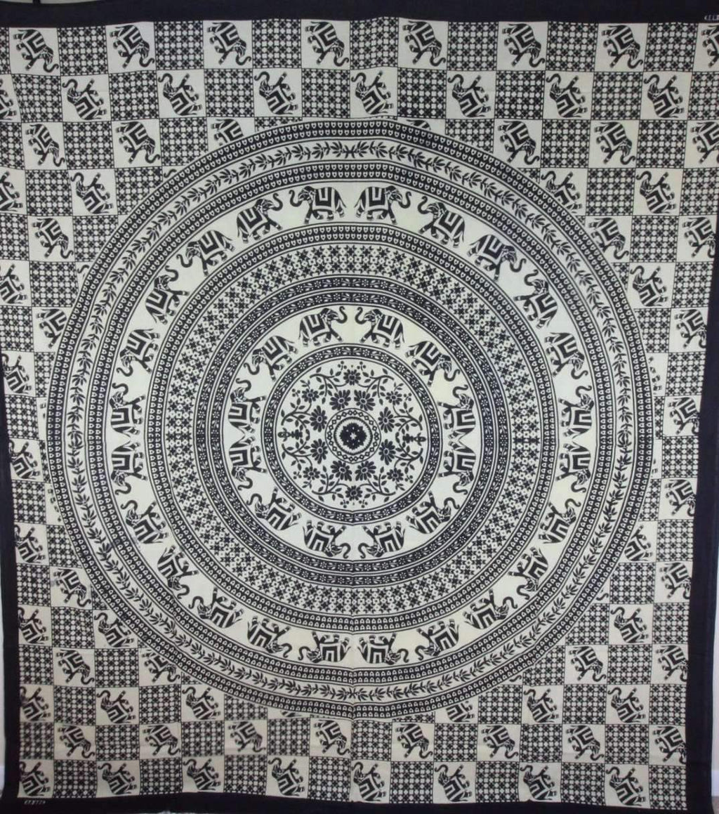 Checkerboard Floral and Elephant Mandala Tapestry - Spiritual & Wellness