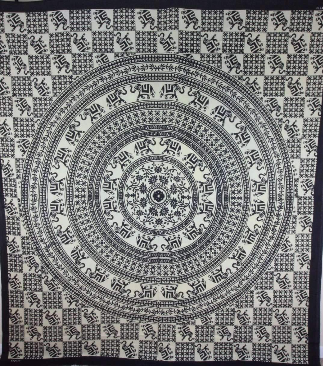 Checkerboard Floral and Elephant Mandala Tapestry - Spiritual & Wellness