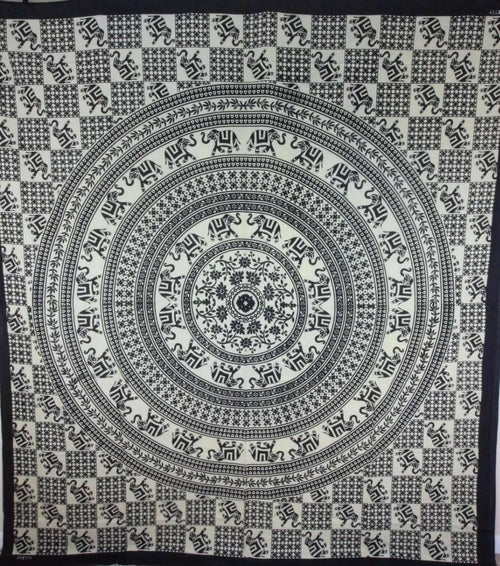 Checkerboard Floral and Elephant Mandala Tapestry - Spiritual & Wellness