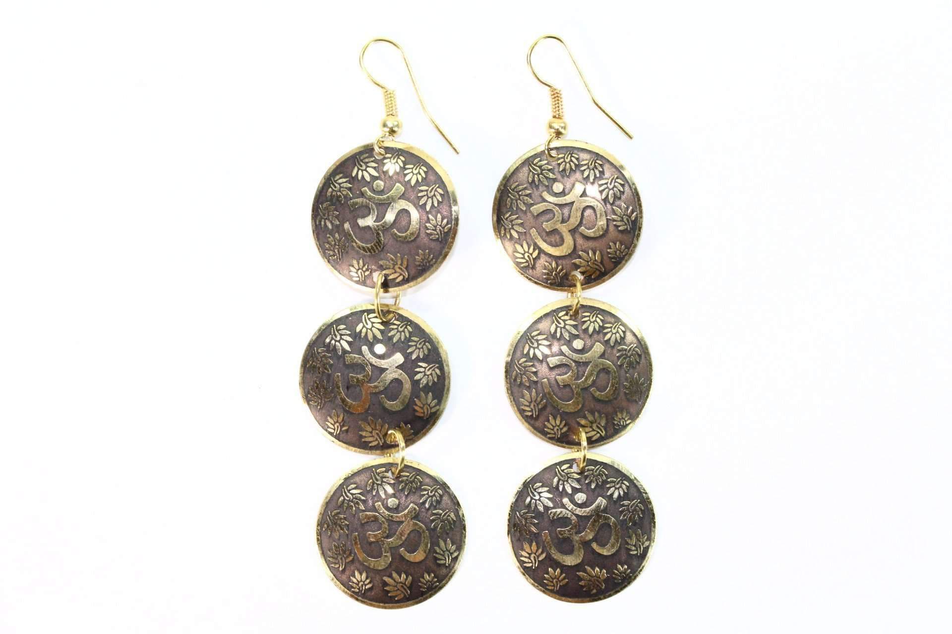 Three Tier Om Earrings with Lotus Petals - Artisan Fashion Accessories