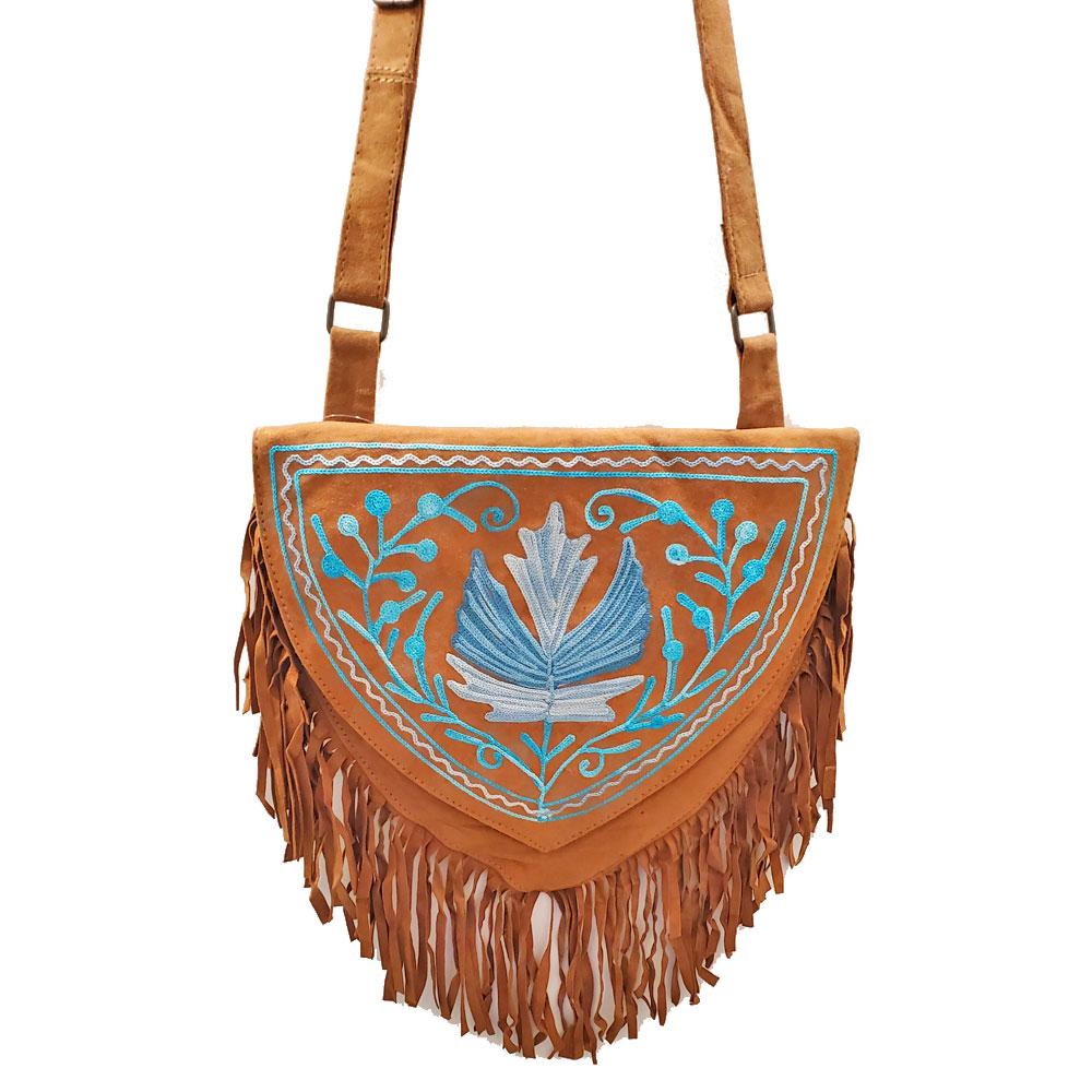 Kashida Embroidery of Bihar Suede Purse with Fringe Tassel Strap - Artisan Fashion Accessories