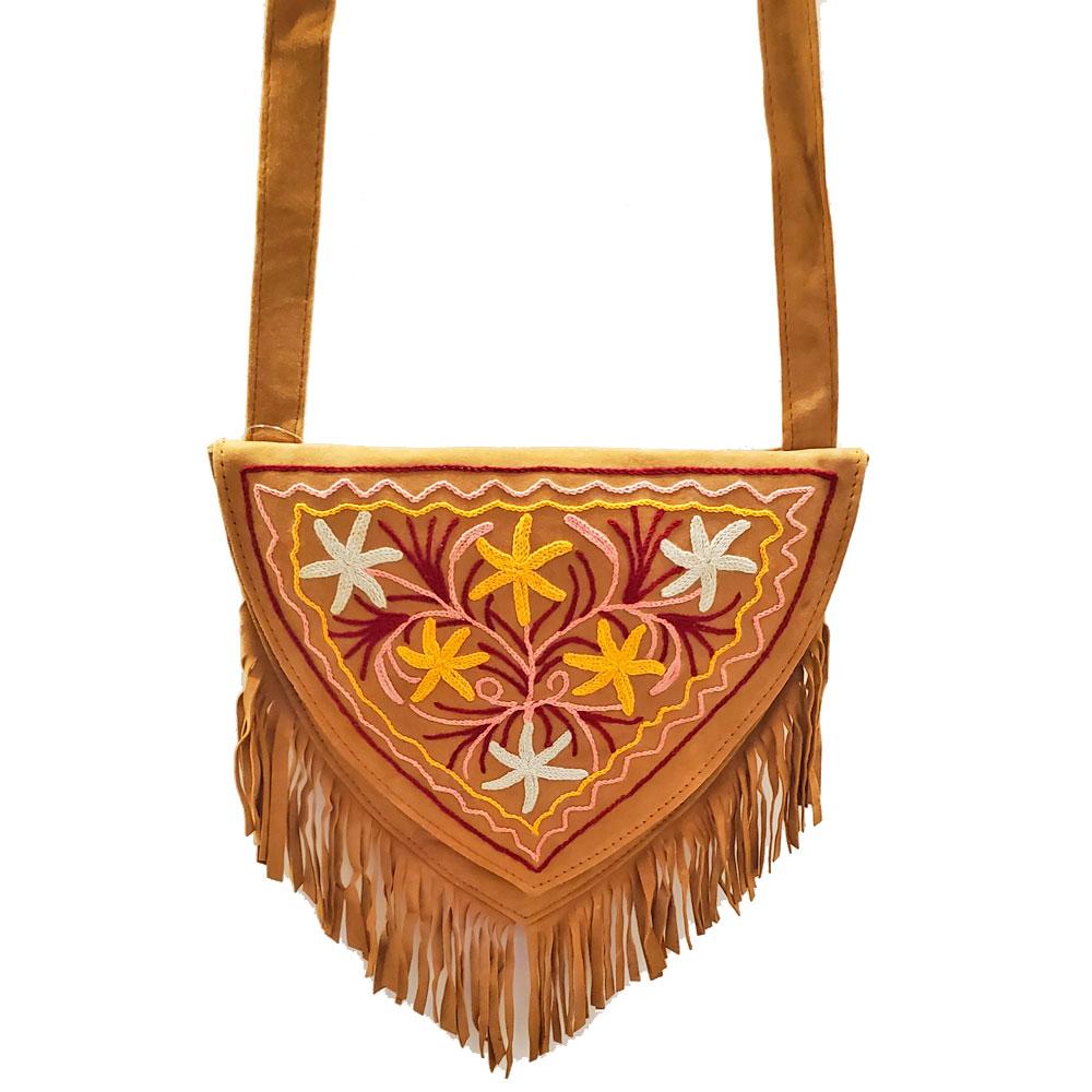 Kashida Embroidery of Bihar Suede Purse with Fringe Tassel Strap - Artisan Fashion Accessories