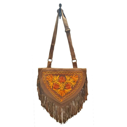 Kashida Embroidery of Bihar Suede Purse with Fringe Tassel Strap - Artisan Fashion Accessories