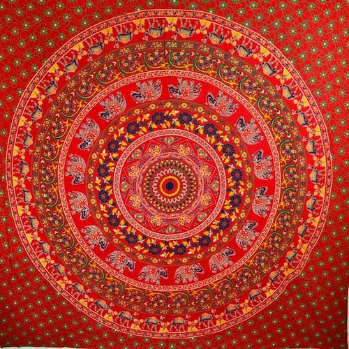 Red Elephants & Camels Mandala Tapestry - Spiritual & Wellness