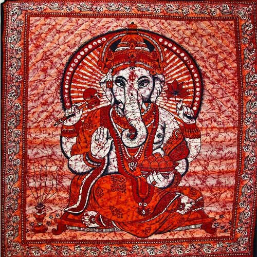 Red Ganesha Lotus Flower Batik Style Tapestry - Spiritual & Wellness