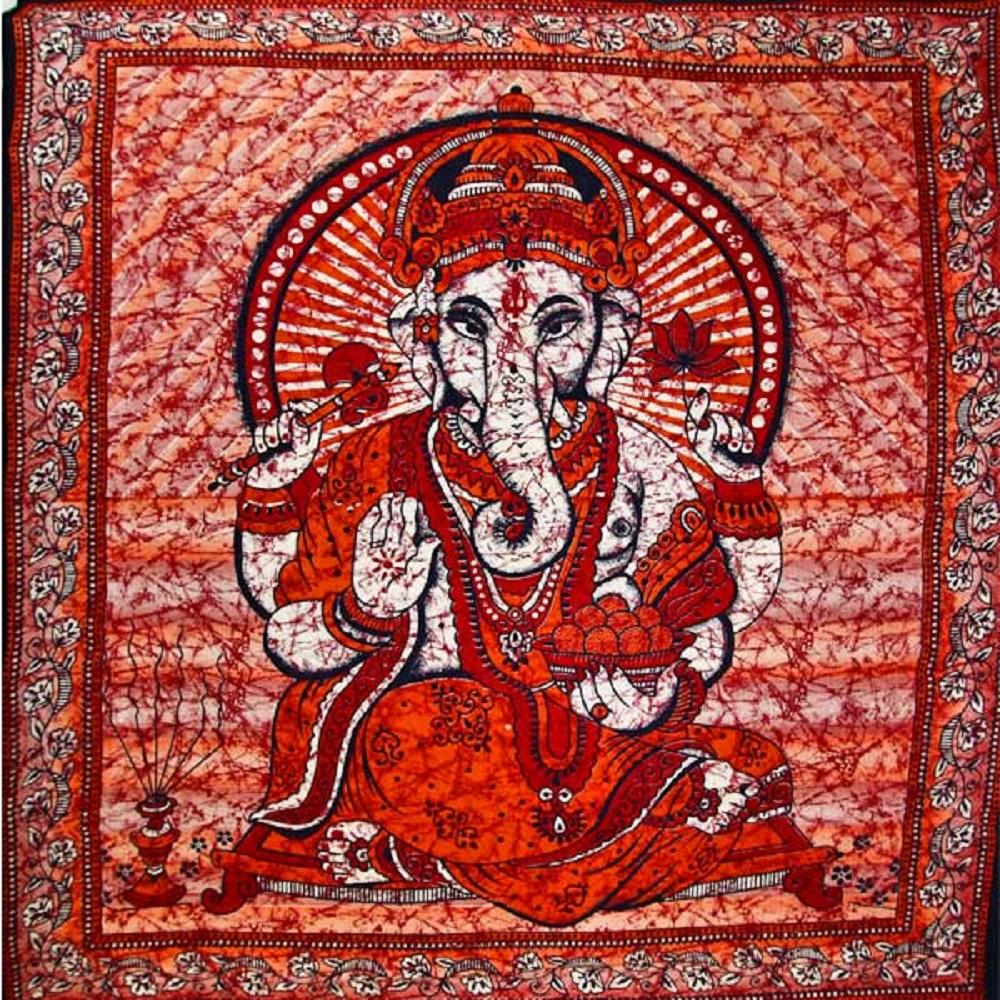 Red Ganesha Lotus Flower Batik Style Tapestry - Spiritual & Wellness