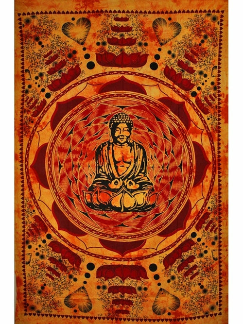 Saffron Buddha Dharma Chakra Mudra Lotus Tapestry - Spiritual & Wellness