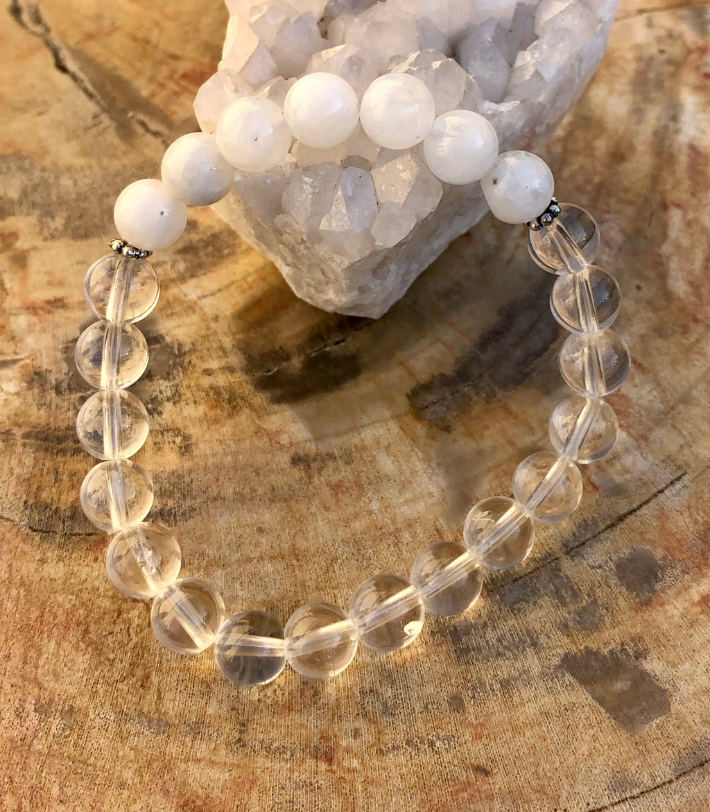 Rainbow Moonstone & Crystal Quartz Stretch Bracelet Genuine Crystals - Spiritual & Wellness