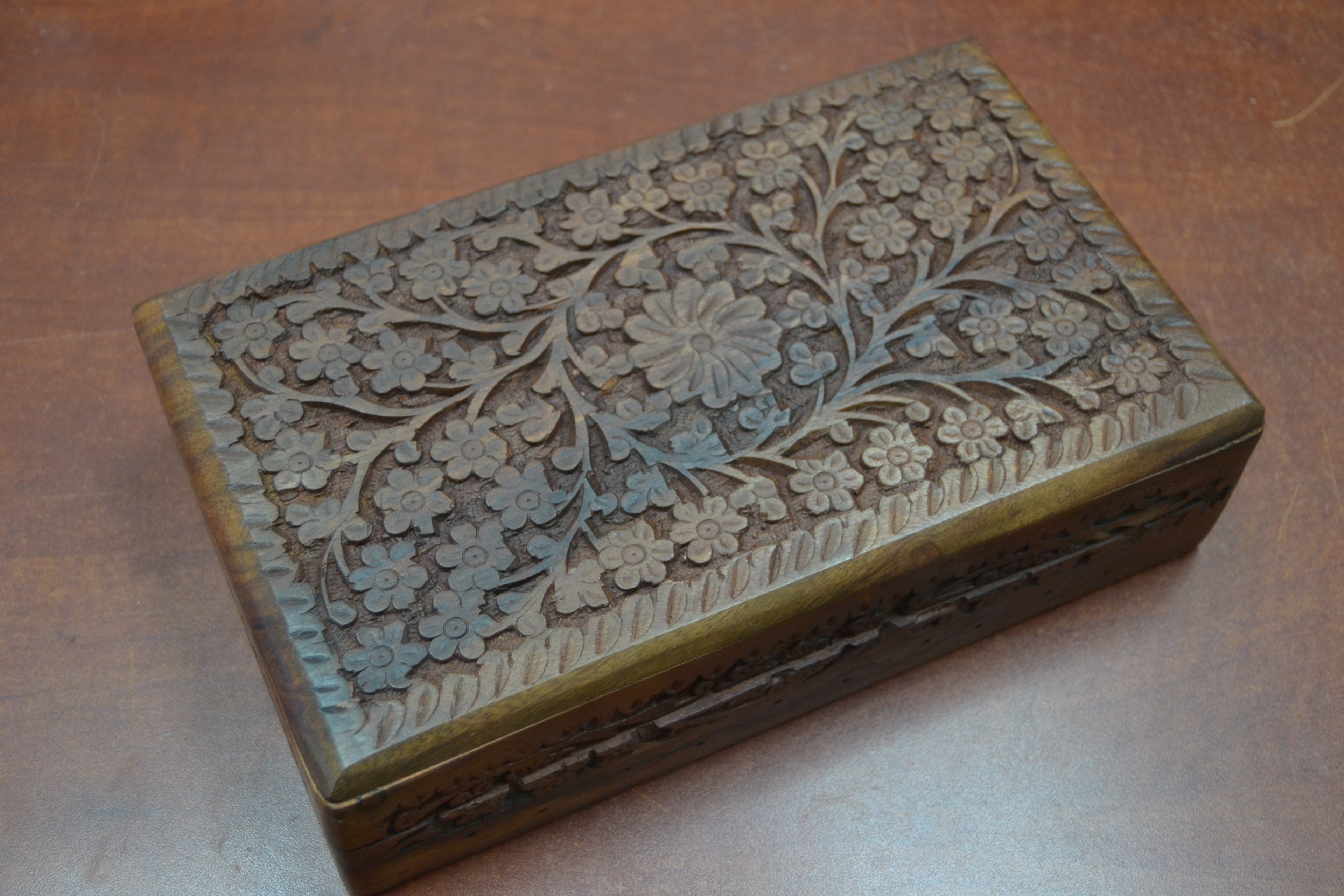 Large Flower Carved Wood Box - Home Office & Gifts