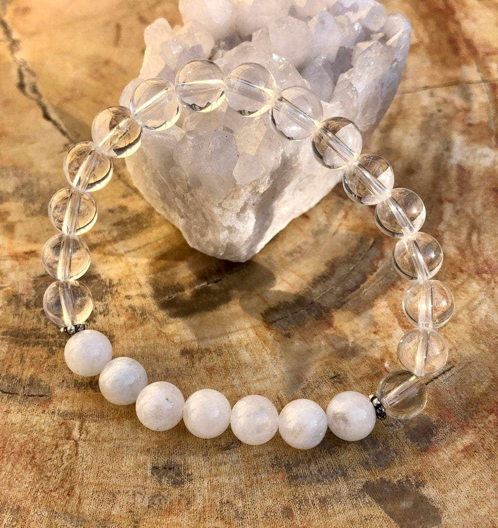 Rainbow Moonstone & Crystal Quartz Stretch Bracelet Genuine Crystals - Spiritual & Wellness