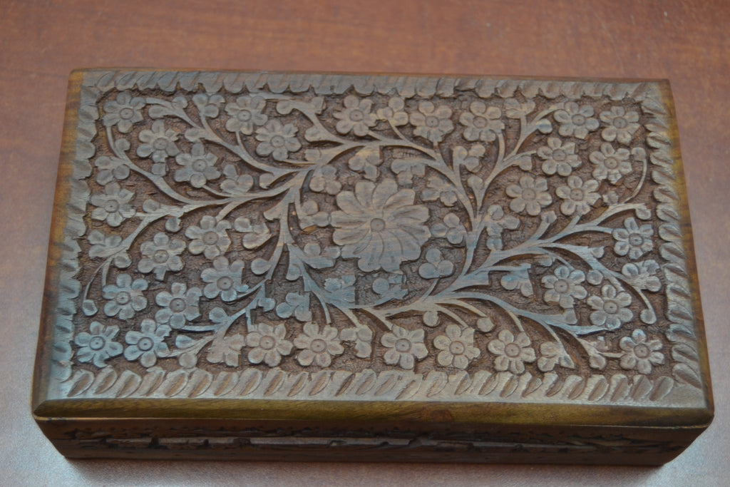 Large Flower Carved Wood Box - Home Office & Gifts