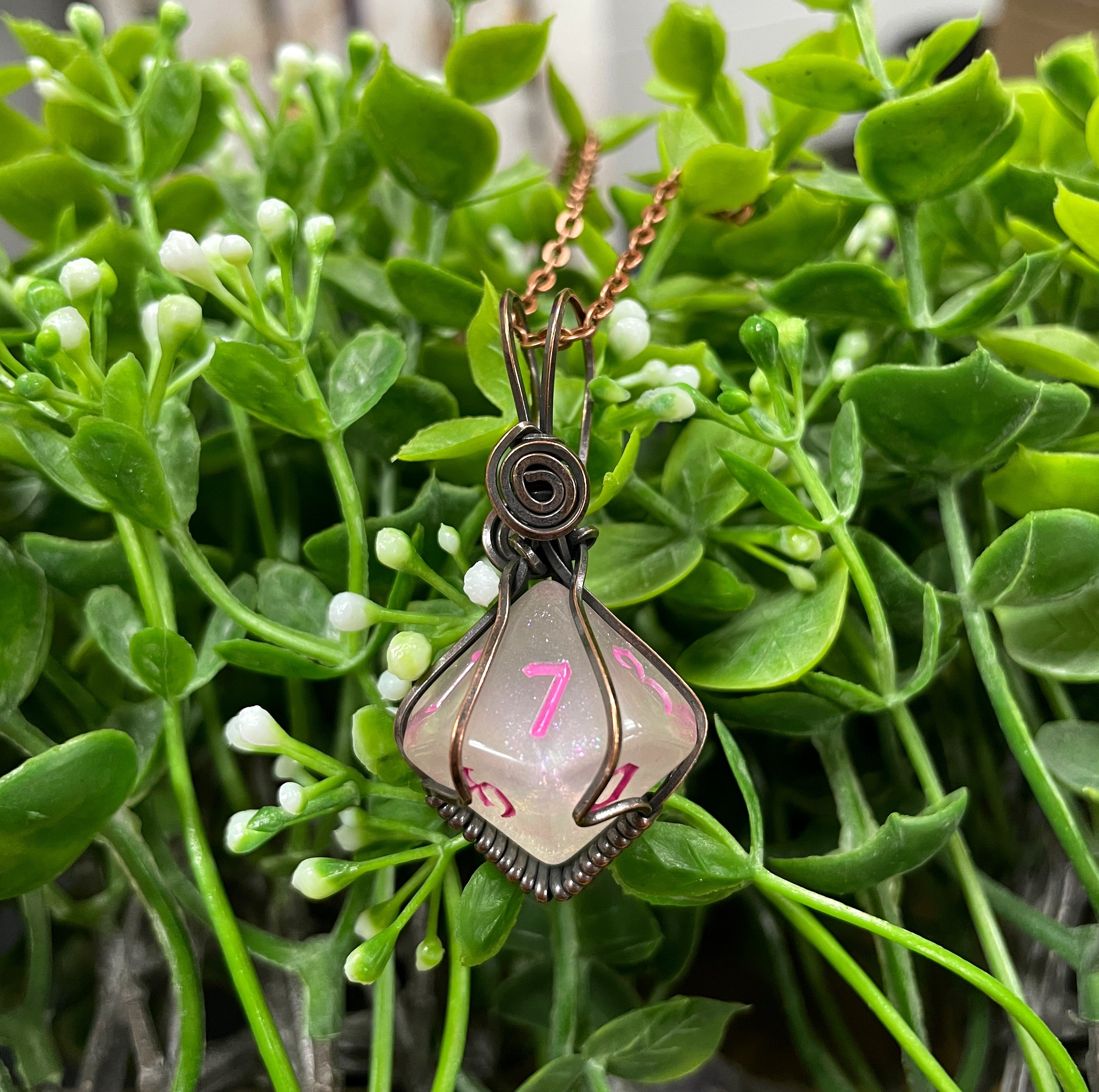 Pink D10 Dice Pendant | Oxidized Copper Wire | Gamer Jewelry